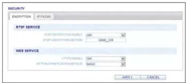 SECURITY ENCRYPTION IP FILTER RTSP SERVICE RTSP ENCRYPTION ENABLE OFF RTSP ENCRYPTION METHOD SEED_128 WEB SERVICE HTTP'S ENABLE OFF HTTP AUTHENTICATION METHOD BASIC APPLY CANCEL