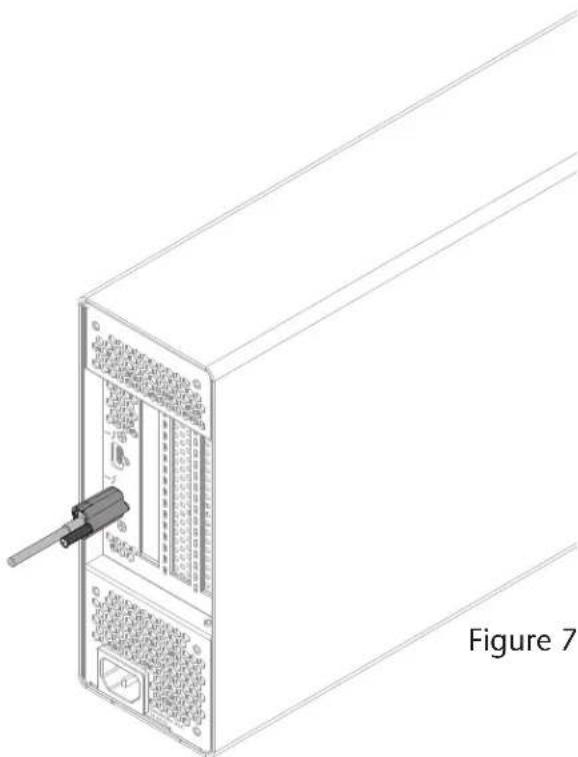 Line drawing of a server rack unit with a connector inserted, labeled as Figure 7 (no text or symbols on the diagram itself)