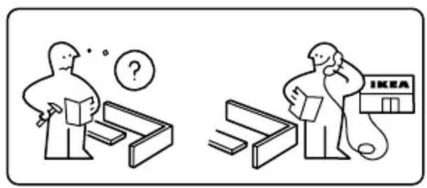 Illustration montrant deux scènes : une personne qui réfléchit avec un point d'interrogation, l'autre tenant un panneau « IKEA ».
