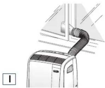 Line drawing of an air conditioner unit with a curved hose and ventilation duct (no text or symbols)