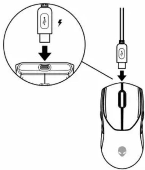 Diagram showing a computer mouse connected to a device with an icon and a magnified view highlighting the component.