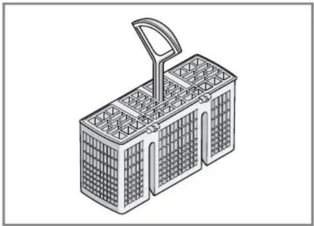 Isometric line drawing of a multi-compartment plastic container with a handle and grid pattern (no text or symbols).