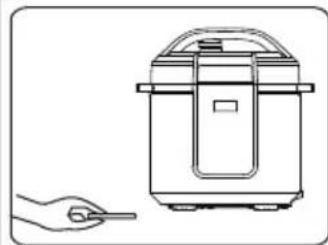 Line drawing of a rice cooker with a hand holding a tool (no text or symbols)