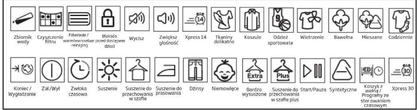 Zbiornik wody Czyszczenie filtra Czyszczenie filtra / wymiennika ciepła Blokada przed dostępem dzieci Wyciszenie Zwiększ głośność Xpress 14 Tkaniny delikatne Koszule Odzież sportowa Wietrzenie Bawełna Mieszane Codziennie Koniec / Wygładzanie Zał./Wył Zwłoka czasowa Suszenie Suszenie do przechowania…