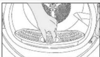 Line drawing of a hand cleaning a circular object with mesh patterns (no text or symbols).