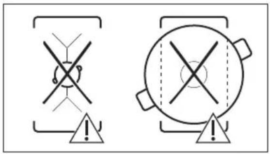 Safety warning symbols for crosshair and circular device, both marked with exclamation marks