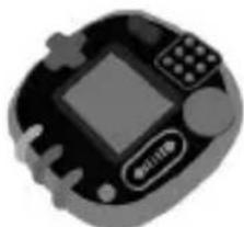 Black and white illustration of a handheld electronic device with buttons and a central screen (no text or symbols)