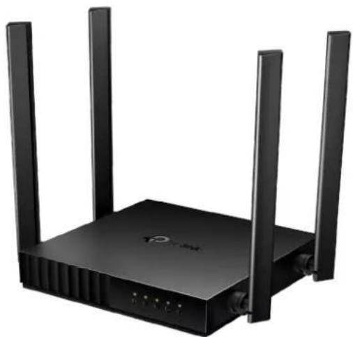 Black wireless router with three vertical towers and a central logo (no visible text or symbols)