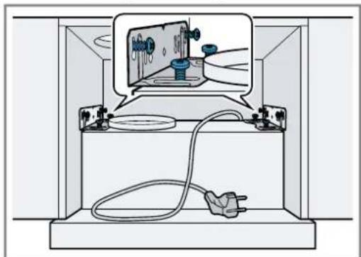 Diagram of a mechanical setup with a device mounted on a base, connected to a power plug and cable (no text or symbols present)
