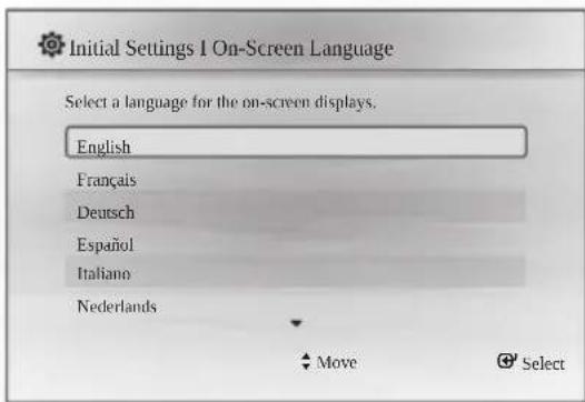 Initial Settings 1 On-Screen Language Select a language for the on-screen displays. English Français Deutsch Español Italiano Nederlands Move Select