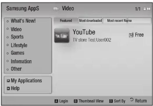 Samsung Apps Video 1/1 What's New! Video Sports Lifestyle Games Infomation Other My Applications Help Featured Most downloaded Most recent Name YouTube TV store Test User002 Free Login Thumbnail View Sort By Return