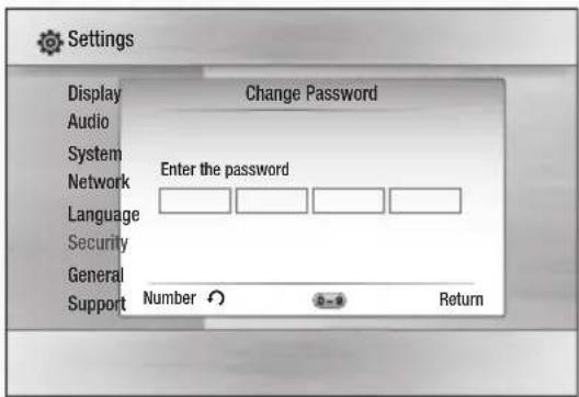 Settings Display Change Password Audio System Network Enter the password Language Security General Support Number 0-9 Return