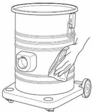 Line drawing of a hand cleaning a cylindrical mechanical device with wheels and a handle (no text or symbols)