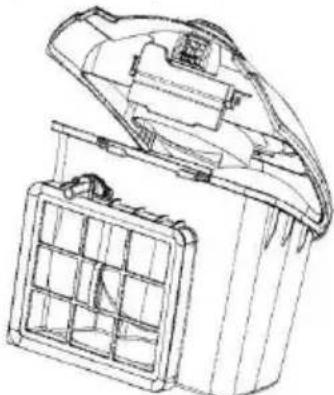 Technical line drawing of a mechanical device with open lid and internal grid structure (no text or symbols)