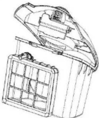 Technical line drawing of a mechanical device with open lid and internal grid structure (no text or symbols)