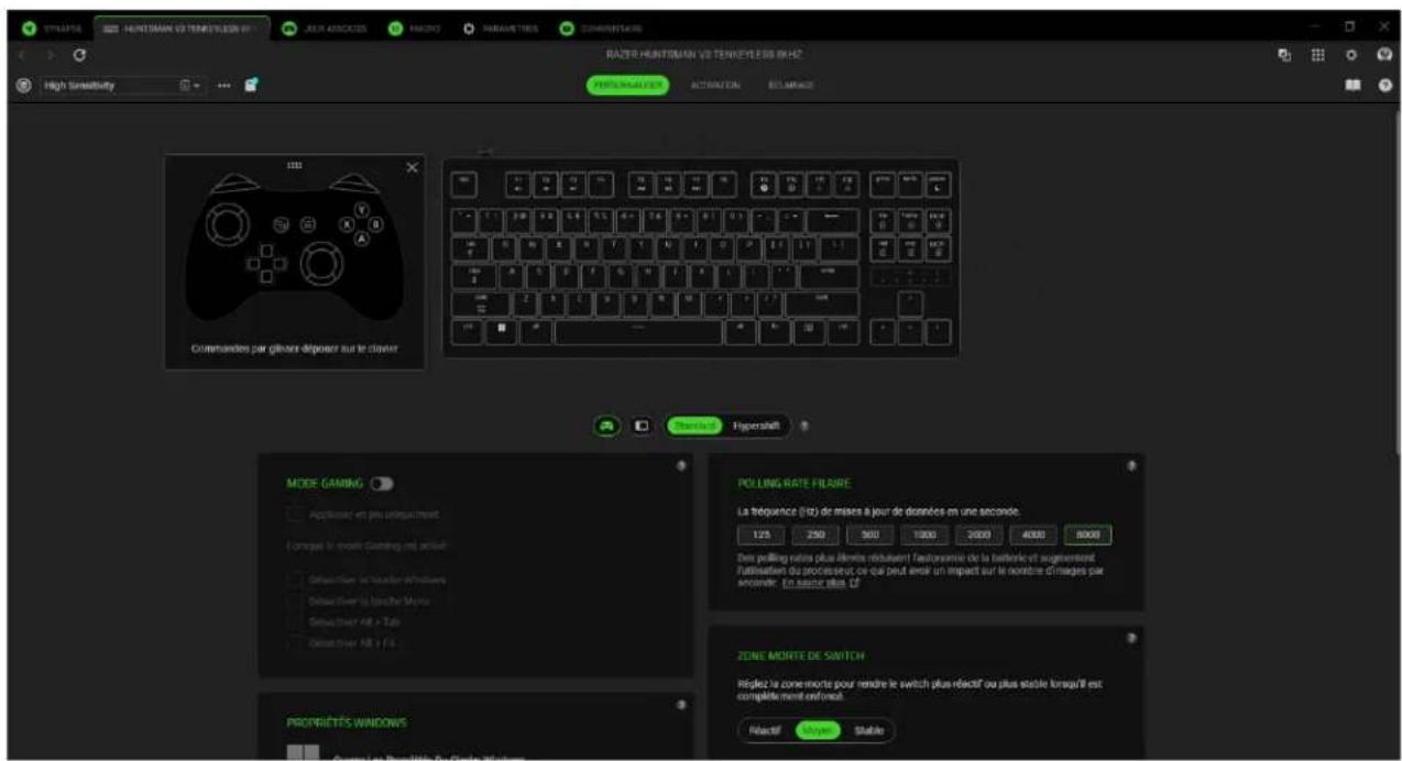 RAZER HUNTMAN V0 TENKEYLESS BIHZ High Sensitivity PROFESSIONAL AUTOMATION ELLARAGE Commanden par giaores déposer sur le claver Chancier Papershift MODE GAMING Applifier est plus longue l'horst Longue le monte Gaming et arruit Setrailler de l'ouster d'Windows Setrailler de l'ouster Mina Setrailler AR + Tube Setrailler AR + F4 POLLING RATE FILARE La fréquence (Hz) de mises à jour de données en une seconde. 125 250 500 1000 2000 4000 8000 De la pingling ratio plus dimers réduvant l'autorsome de la batterie et augmentant l'utilisation du processeur, ce qui peut avoir un impact sur le nombre d'images par seconde. En même plus UF ZONE MORTE DE SWITCH Réjlez la zone morte pour rendre le switch plus réclatif ou plus stable lorsqu'il est compatible mental enfrent. Réclatif Major Stable PROPRIÉTÉS WINDOWS