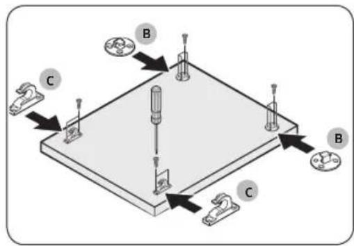 Diagram of a mechanical assembly with labeled components A, B, and C, showing alignment and assembly steps.