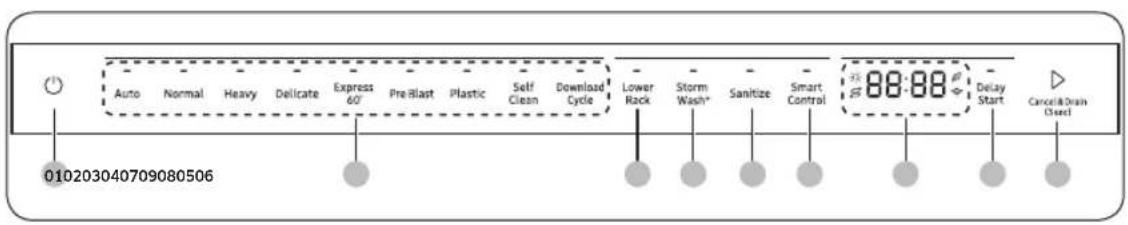 Auto Normal Heavy Delicate Express 60° Pre-Blast Plastic Self Clean Download Cycle Lower Rock Storm Wash* Sanitize Smart Control Delay Start Cancel Drain Closed 010203040709080506