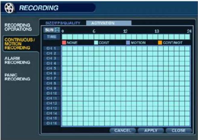 RECORDING SIZE/FPS/QUALITY ACTIVATION SUN 0 6 12 19 24 TIME NONE CONT MOTION CONT/MOT CH 1 CH 2 CH 3 CH 4 CH 5 CH 6 CH 7 CH 8 CH 9 CH 10 CH 11 CH 12 CH 13 CH 14 CH 15 CH 16 ALARM RECORDING PANIC RECORDING CANCEL APPLY CLOSE