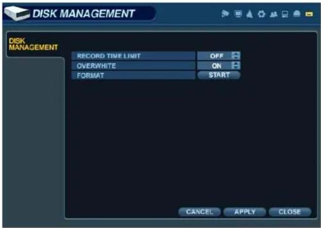 DISK MANAGEMENT DISK MANAGEMENT RECORD TIME LIMIT OFF OVERWHITE ON FORMAT SART CANCEL APPLY CLOSE