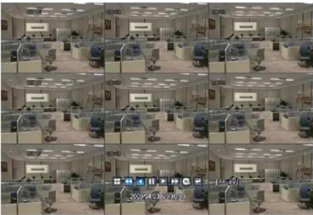 Grid of office interior photos with visible room numbers and a digital display showing time, date, and camera settings.