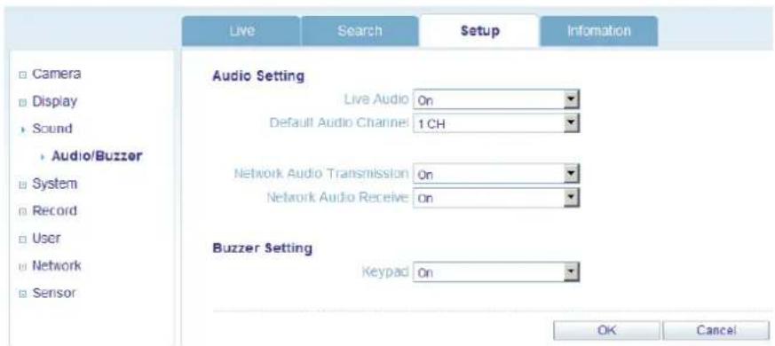 Live Search Setup Information □ Camera □ Display • Sound • Audio/Buzzer □ System □ Record □ User □ Network □ Sensor Audio Setting Live Audio On Default Audio Channel 1 CH Network Audio Transmission On Network Audio Receive On Buzzer Setting Keypad On OK Cancel