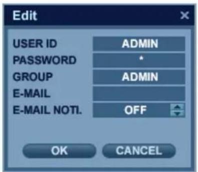 Edit USER ID PASSWORD GROUP E-MAIL E-MAIL NOTI. ADMIN * ADMIN OFF OK CANCEL
