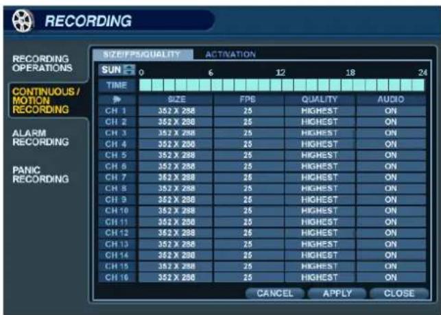 RECORDING SIZE/PSIQUALITY ACTIVATION SUN 0 6 12 18 24 TIME CONTINUOUS/MOTION RECORDING ALARM RECORDING PANIC RECORDING SIZE FPS QUALITY AUDIO CH 1 352 X 288 25 HIGHEST ON CH 2 352 X 288 25 HIGHEST ON CH 3 352 X 288 25 HIGHEST ON CH 4 352 X 288 25 HIGHEST ON CH 5 352 X 288 25 HIGHEST ON CH 6 352 X 288 25 HIGHEST ON CH 7 352 X 288 25 HIGHEST ON CH 8 352 X 288 25 HIGHEST ON CH 9 352 X 288 25 HIGHEST ON CH 10 352 X 288 25 HIGHEST ON CH 11 352 X 288 25 HIGHEST ON CH 12 352 X 288 25 HIGHEST ON CH 13 352 X 288 25 HIGHEST ON CH 14 352 X 288 25 HIGHEST ON CH 15 352 X 288 25 HIGHEST ON CH 16 352 X 288 25 HIGHEST ON CANCEL APPLY CLOSE