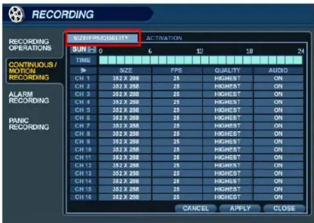 RECORDING SIZE/PSQUALITY SUN 0 ACTIVATION TIME SIZE FPS QUALITY AUDIO CH 1 352 X 298 25 HIGHEST ON CH 2 352 X 298 25 HIGHEST ON CH 3 352 X 298 25 HIGHEST ON CH 4 352 X 298 25 HIGHEST ON CH 5 352 X 298 25 HIGHEST ON CH 6 352 X 298 25 HIGHEST ON CH 7 352 X 298 25 HIGHEST ON CH 8 352 X 298 25 HIGHEST ON CH 9 352 X 298 25 HIGHEST ON CH 10 352 X 298 25 HIGHEST ON CH 11 352 X 298 25 HIGHEST ON CH 12 352 X 298 25 HIGHEST ON CH 13 352 X 298 25 HIGHEST ON CH 14 352 X 298 25 HIGHEST ON CH 15 352 X 298 25 HIGHEST ON CH 16 352 X 298 25 HIGHEST ON CANCEL APPLY CLOSE