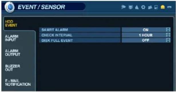 EVENT / SENSOR HDD EVENT SAMRT ALARM ON ALARM INPUT CHECK INTERVAL 1 HOUR DISK FULL EVENT OFF ALARM OUTPUT BUZZER OUT E - MAIL NOTIFICATION