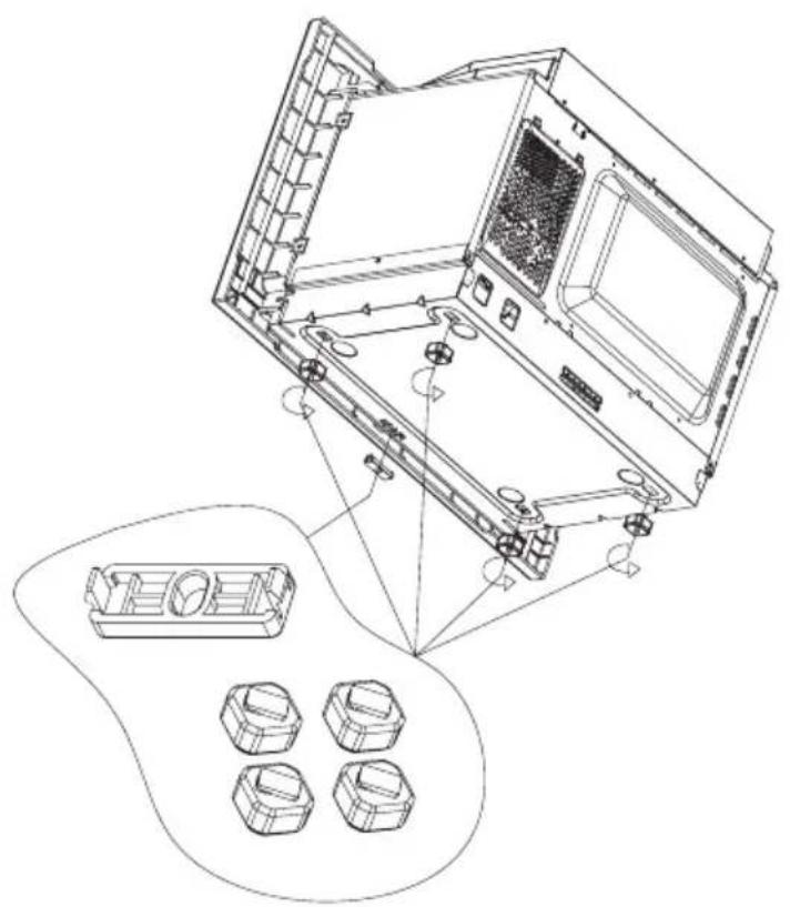 Technical line drawing of a device with internal components and a separate view of four hexagonal nuts (no text or symbols)