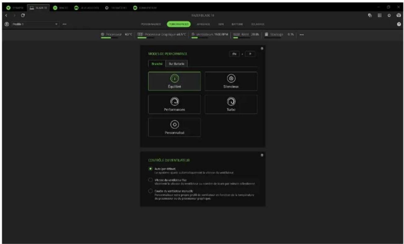 RAZER BLADE 10 Profile 1 PERSONALISSE PERFORMANCE APPROVANCE COM BATTERY ECLARAGE Processeur 60°C Processeur Graphique 45.5°C Ventilateur 1500 RPM 8000 RAM 28.8h Stockage 0.7% MODES DE PERFORMANCE FN Branché Sur Betteire Equitrété Silencieux Performances Turbo Personalisé CONTROLE DU VENTILATEUR Autre (par detout) Le système quaste automatiquement la vitesse du ventilateur. Vitrose du ventilateur fixe Montant le vitesse du ventilateur au nombre de tourie par minère sélectionné Coube du ventilateur manuelle Personnalise votre père profite du ventilateur en fonction du la température du processeur au du processeur graphiques.