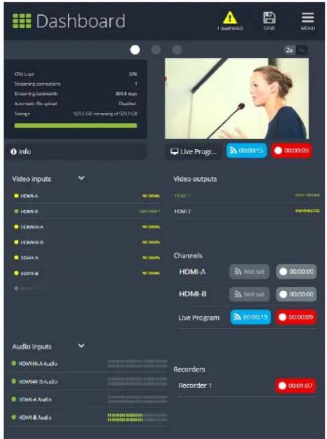 Dashboard CPU Load 37% Streaming connections 1 Streaming SearchHealth 800.8 fps Automatic file upload Disabled Storage S29.6 GB remaining of S29.6 GB Info Video inputs HDMI-A NO 500% HDMI-B 500.1 MB P HDMI-A NO 500% HDMI-B NO 500% S29.6 A NO 500% S29.6 B NO 500% Audio Inputs HDMI-A Audio HDMI-B Audio HDMI-A Audio HDMI-B Audio Video outputs HDMI-1 HDMI-2 Channels HDMI-A Not set 00:00:00 HDMI-B Not set 00:00:00 Live Program 01:00:15 00:00:09 Recorders Recorder 1 00:01:07