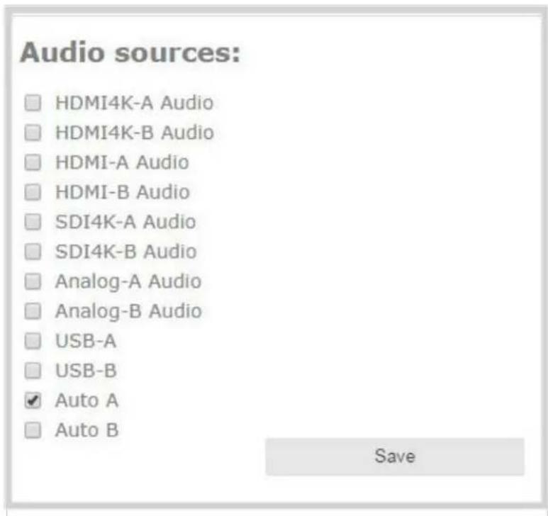 Audio sources: HDMI4K-A Audio HDMI4K-B Audio HDMI-A Audio HDMI-B Audio SDI4K-A Audio SDI4K-B Audio Analog-A Audio Analog-B Audio USB-A USB-B ✓ Auto A Auto B Save