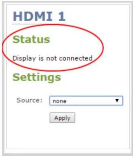 HDMI 1 Status Display is not connected Settings Source: none Apply