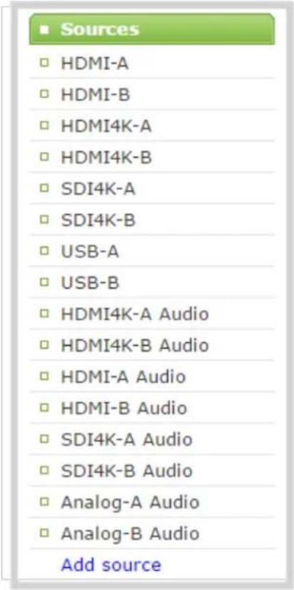Sources HDMI-A HDMI-B HDMI4K-A HDMI4K-B SDI4K-A SDI4K-B USB-A USB-B HDMI4K-A Audio HDMI4K-B Audio HDMI-A Audio HDMI-B Audio SDI4K-A Audio SDI4K-B Audio Analog-A Audio Analog-B Audio Add source