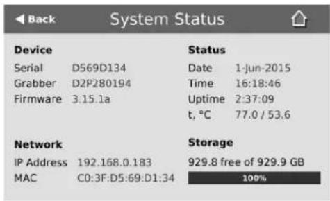 Back System Status Device Serial D569D134 Grabber D2P280194 Firmware 3:15.1a Status Date 1:Jun-2015 Time 16:18:46 Uptime 2:37:09 t, °C 77.0 / 53.6 Network IP Address 192.168.0.183 MAC C0:3F:D5:69:D1:34 Storage 929.8 free of 929.9 GB 100%