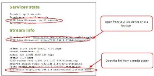 Services state Encoder: up 9 seconds Broadcaster: up 11 seconds FTP Live Streamer: up 11 seconds Audio: 0.0000 Stream info Live streamer: http://192.168.1.57/bks/channel/ FTP Live Streaming: http://292.168.1.57/bks/channel/ Video: 8.264.1024m70830, 6.00 Mbps Actual frame rate: 30 Audio: MDS @RMs acno 128 kbps Total: 6.13 Mbps STOP stream http://192.168.1.57/554/strowen.xdp MDS-TE stream http://192.168.1.57/550/estrowen.ts Flesh stream http://192.168.1.57/550/estrowen.fir MDS stream http://192.168.1.57/bks/chandall/strowen.m308 Open from your IOS device or in a browser Open the link from a media player