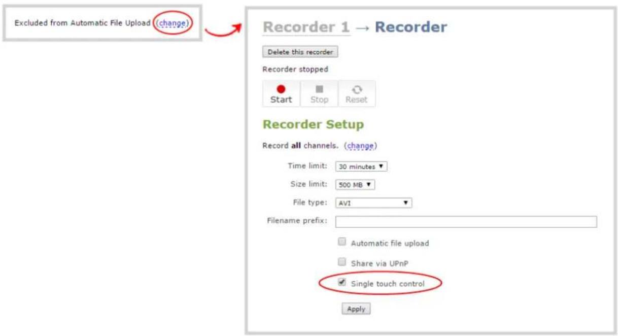 Excluded from Automatic File Upload (change) Recorder 1 → Recorder Delete this recorder Recorder stopped Start Stop Reset Recorder Setup Record all channels. (change) Time limit: 30 minutes ▼ Size limit: 500 MB ▼ File type: AV1 ▼ Filename prefix: Automatic file upload Share via UPnP Single touch control Apply