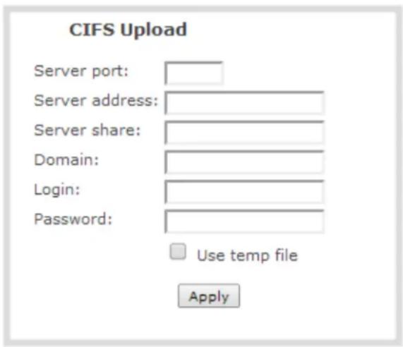 CIFS Upload Server port: Server address: Server share: Domain: Login: Password: Use temp file Apply