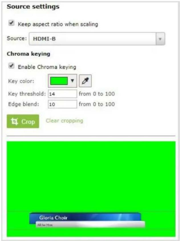 Source settings ✓ Keep aspect ratio when scaling Source: HDMI-B Chroma keying ✓ Enable Chroma keying Key color: Key threshold: 14 from 0 to 100 Edge blend: 10 from 0 to 100 Crop Clear cropping Gloria Choir All for Him