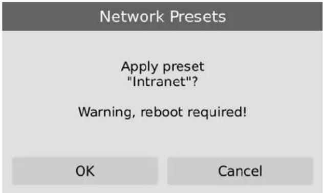 Network Presets Apply preset "Intranet"? Warning, reboot required! OK Cancel