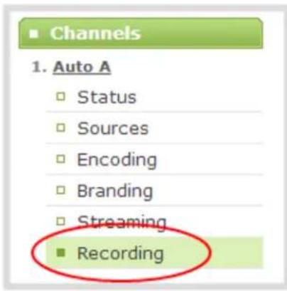 Channels 1. Auto A Status Sources Encoding Branding Streaming Recording