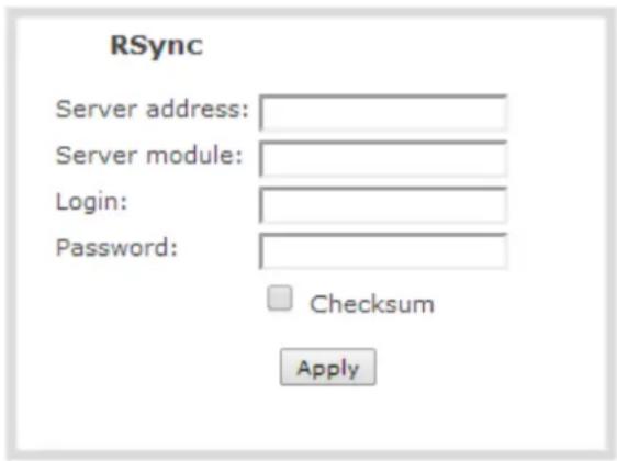 RSync Server address: Server module: Login: Password: Checksum Apply