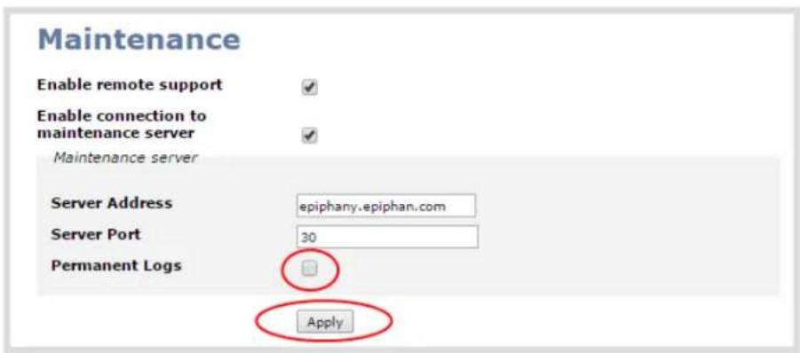 Maintenance Enable remote support Enable connection to maintenance server Maintenance server Server Address epiphany.epiphan.com Server Port 30 Permanent Logs Apply
