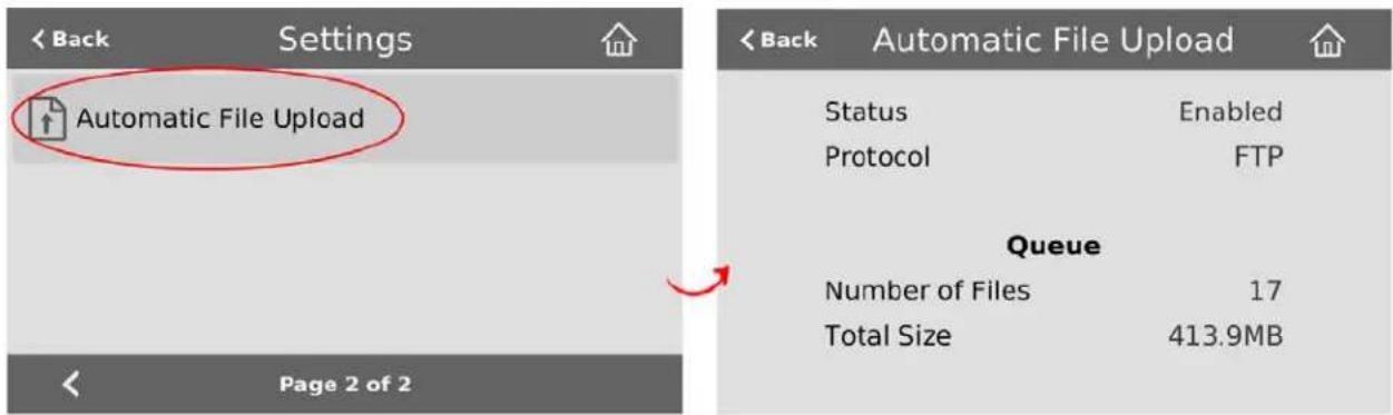 Back Settings Automatic File Upload Page 2 of 2 Back Automatic File Upload Status Enabled Protocol FTP Queue Number of Files 17 Total Size 413.9MB