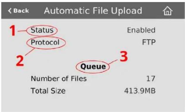 Back Automatic File Upload 1 Status Protocol 2 Queue Number of Files Total Size Enabled FTP 3 17 413.9MB