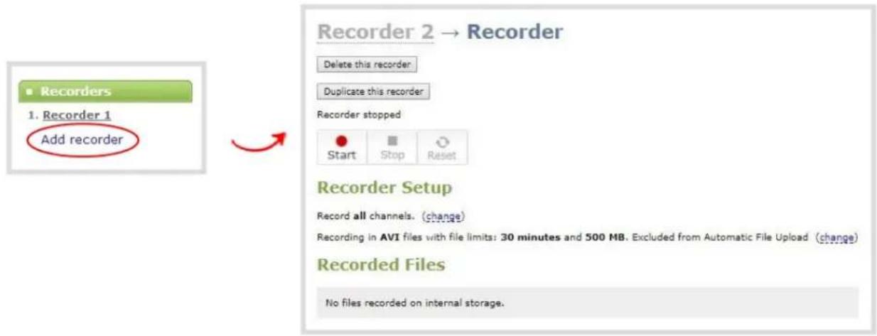 Recorder 2 → Recorder Delete this recorder Duplicate this recorder Recorder stopped Start Stop Reset Recorder Setup Record all channels. (change) Recording in AVI files with file limits: 30 minutes and 500 MB. Excluded from Automatic File Upload (change) Recorded Files No files recorded on internal storage.