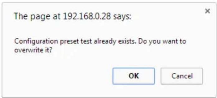 The page at 192.168.0.28 says: Configuration preset test already exists. Do you want to overwrite it? OK Cancel