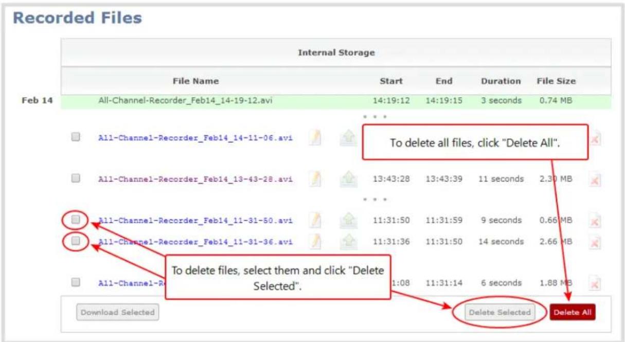 Recorded Files Internal Storage File Name Start End Duration File Size Feb 14 All-Channel-Recorder_Feb14_14-19-12.avi 14:19:12 14:19:15 3 seconds 0.74 MB To delete all files, click "Delete All". All-Channel-Recorder_Feb14_14-11-06.avi 13:43:28 13:43:39 11 seconds 2.30 MB All-Channel-Recorder_Feb14_13-43-28.avi 11:31:50 11:31:59 9 seconds 0.66 MB All-Channel-Recorder_Feb14_11-31-50.avi 11:31:36 11:31:50 14 seconds 2.66 MB All-Channel-Recorder_Feb14_11-31-36.avi 1:08 11:31:14 6 seconds 1.88 MB Download Selected Delete Selected Delete All